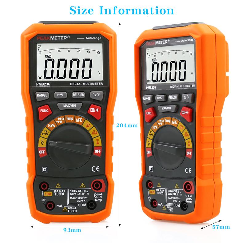 PEAKMETER PM8236 Echte Effektivwertmessung Automatische Bereichswahl Hochpräzises Digitalmultimeter mit LCD-Anzeige, PC-Anschlussmöglichkeit