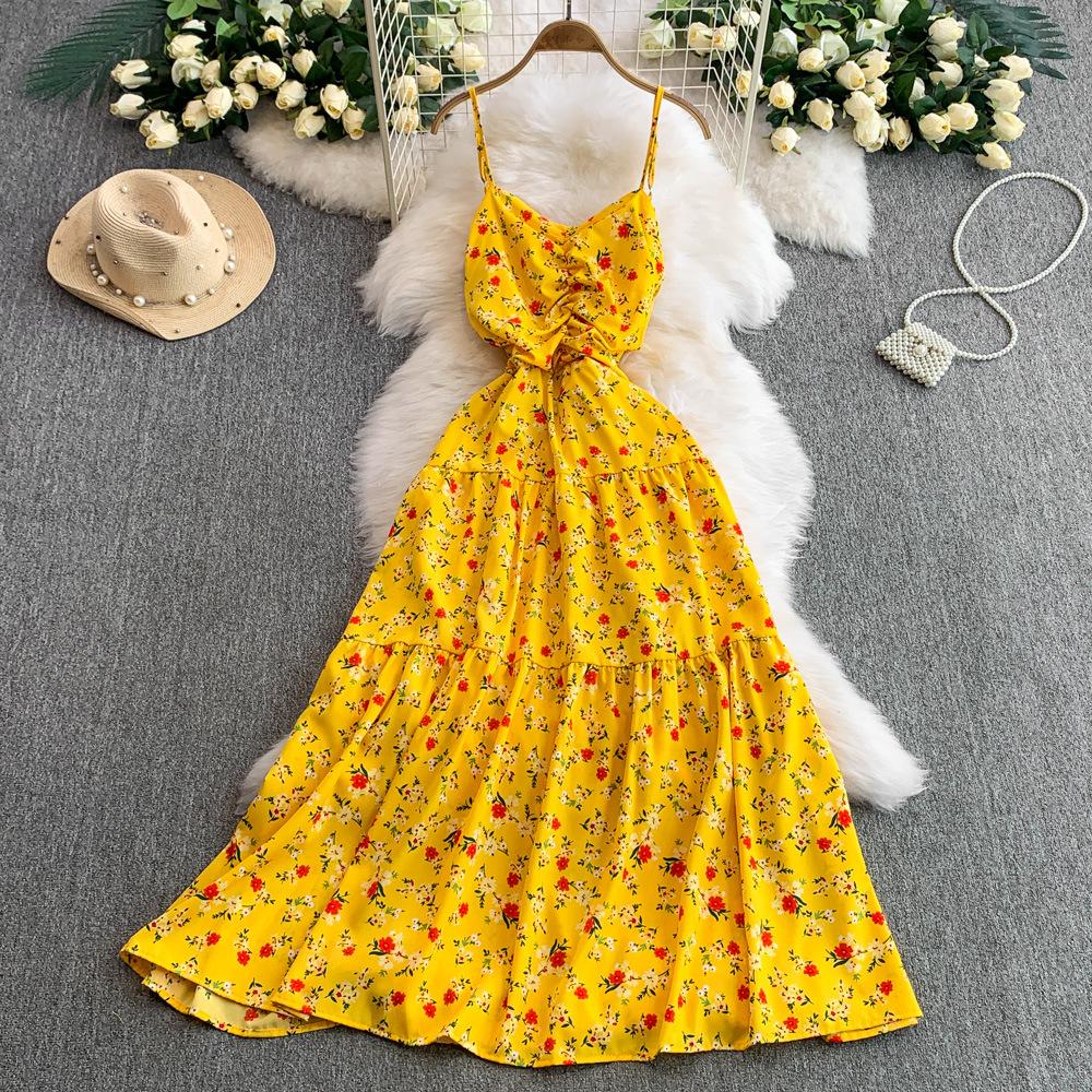French floral suspender dress women's summer new sexy backless waist thin pleated pendulum dress