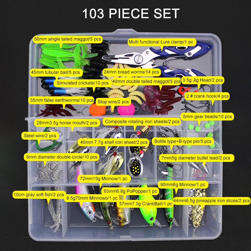Scatola Set Attrezzatura Esche da Pesca 105 Pezzi Acqua Salata Morbide Dure Silicone Esche Artificiali Ami Esca da Pesca Crankbait Spinner Affondante