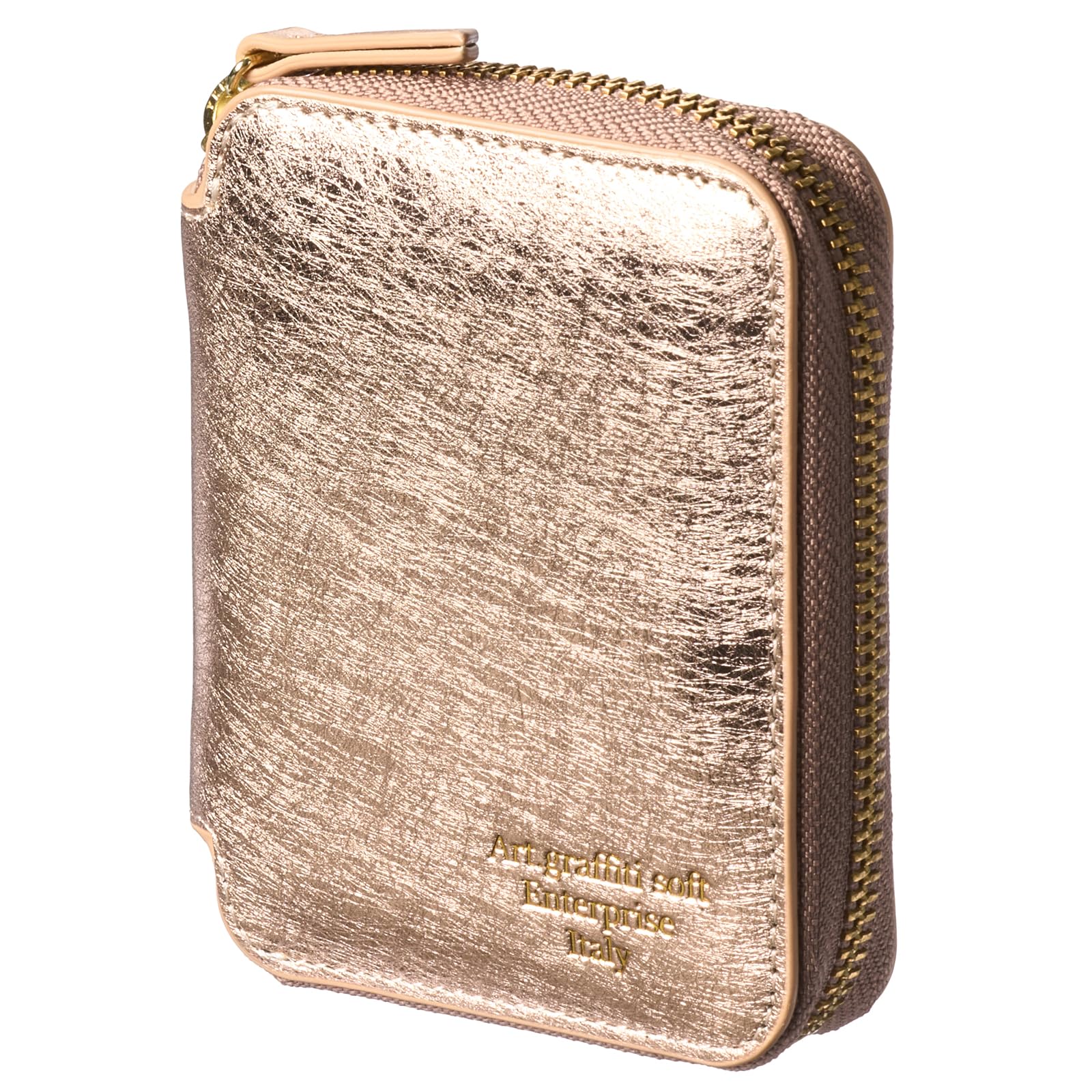 

[VOICE] Graffiti Italian Cowhide Leather Women s Bifold Wallet, Palm-Sized, Round Zipper closure, Gift Boxed, Gold