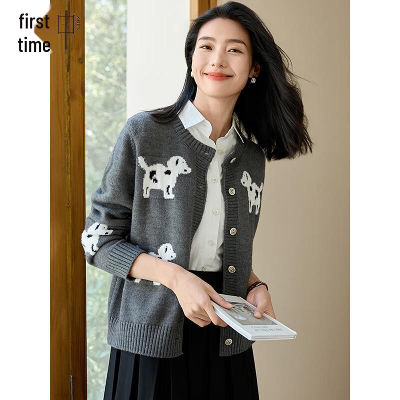 Women's Thick Knitted Round Neck Cardigan with Puppy Pattern