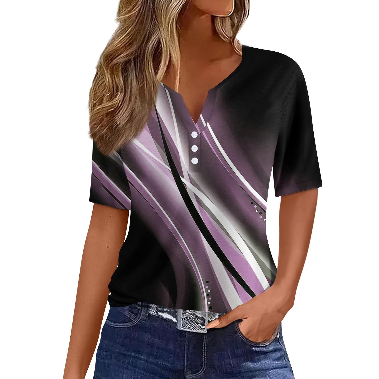 

Женская модная повседневная футболка с градиентным цветочным принтом и v-образным вырезом, топ на пуговицах с короткими рукавами L