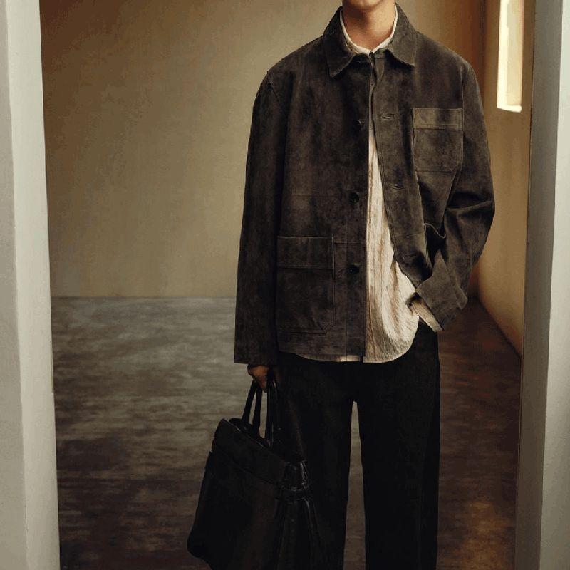 Cabinet 599! New Autumn Arrivals Men s Suede Leather Slim-Fit Straight-Cut American-Style Shirt Jacket 8281132 Brown S