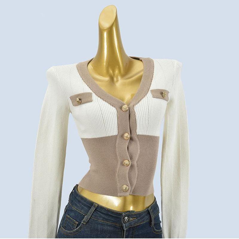 V-neck Sexy Sweater Thick Short High Waist Breasted Tight Cardigan Color Matching Classic Style Metal Buckle Outer Wear for Women