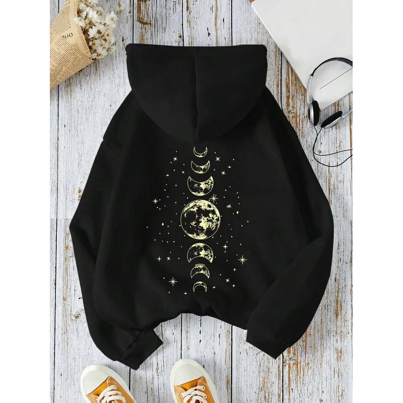 New Hoodies with Different Moon Prints, Front and Back Printed Hoodies Casual and Fashionable Y2K Women's Clothing High Street