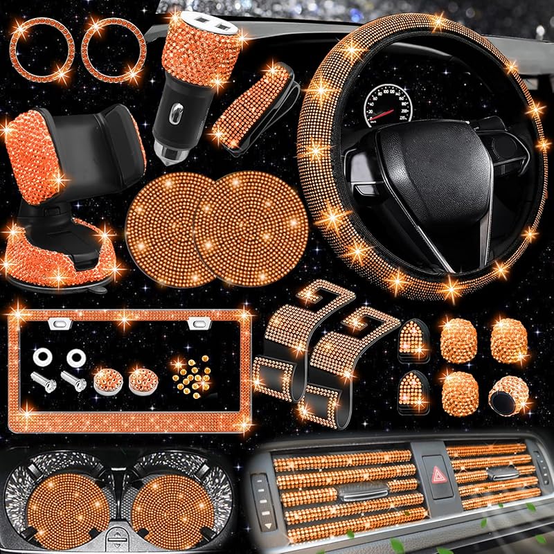 NBTEPEM 27-Piece Bling Car Accessories Set - Universal Fit Steering Wheel Covers, License Plate Frames, Phone Holder, Car Fast Charger, Coasters