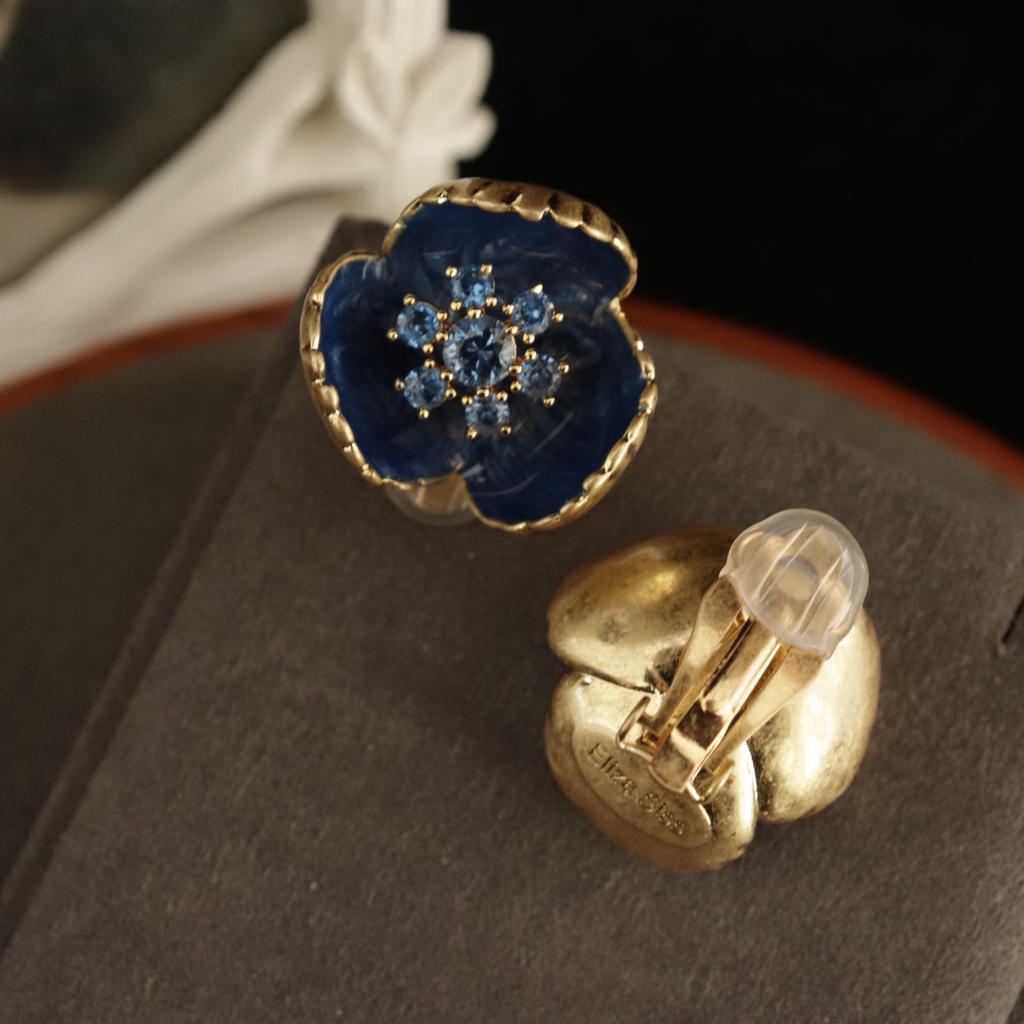 Blue Drip Enamel Cloisonné Flower Brooch and Ear Clip Set