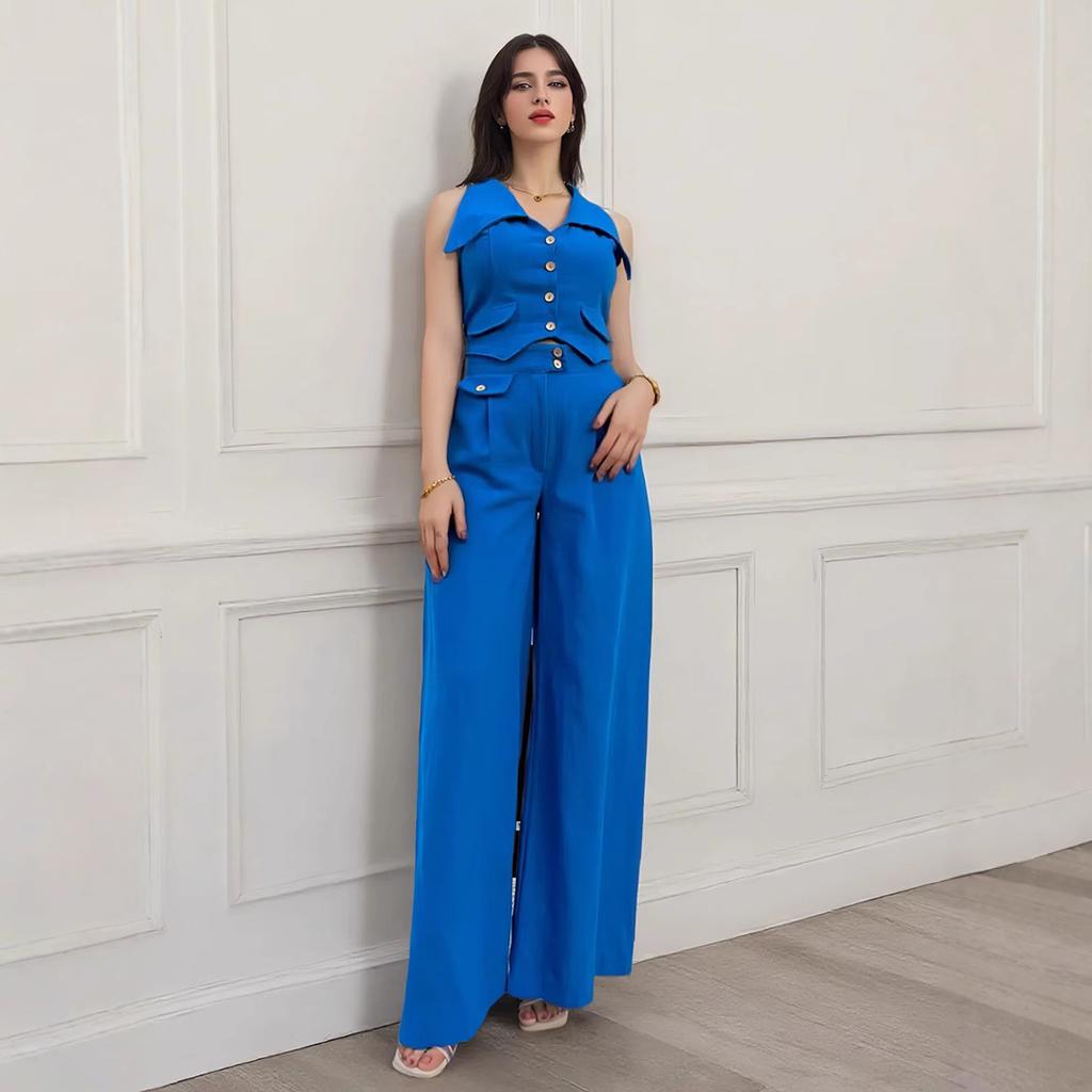 2025 Spring and Summer New Women's Solid Color Blouse Sleeveless Waist Two-piece Casual Trousers Suit