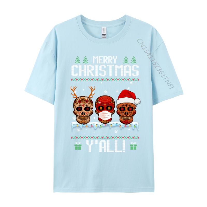 Merry Christmas Yall Sugar Skull Christmas Family Pajamas TShirt Cotton Tops Tees Fitted Unisex Tshirts Casual Fitness Tight