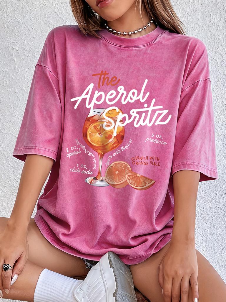 Aperol Spritz Lemon Prints Washed TShirts Womens Cotton Oversized T Shirt Summer Soft Short Sleeve Tops Hip Hop ONeck Clothes