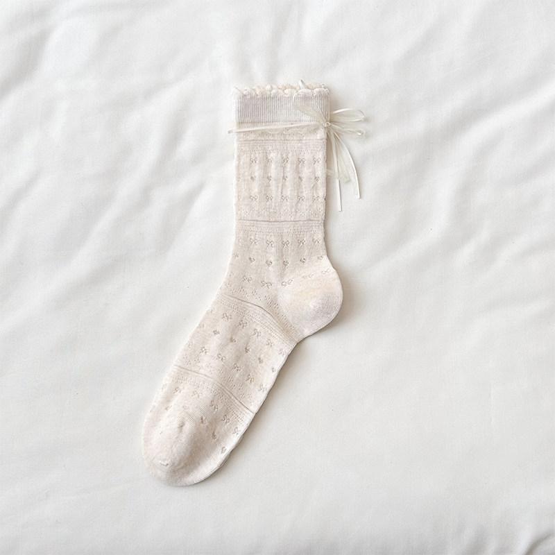 Mesh Breathable Mid-calf Socks - Summer Lightweight Style with Openwork, Lace-up, and Bow Details - Exquisite Mid-calf Women's Socks