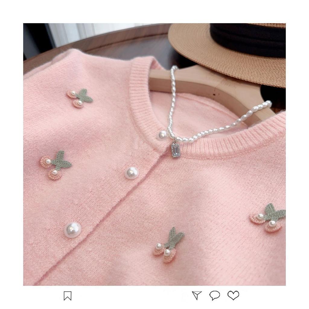 French Sweet Cherry Embroidered Pearl Sweater Knitted Cardigan Top for Women