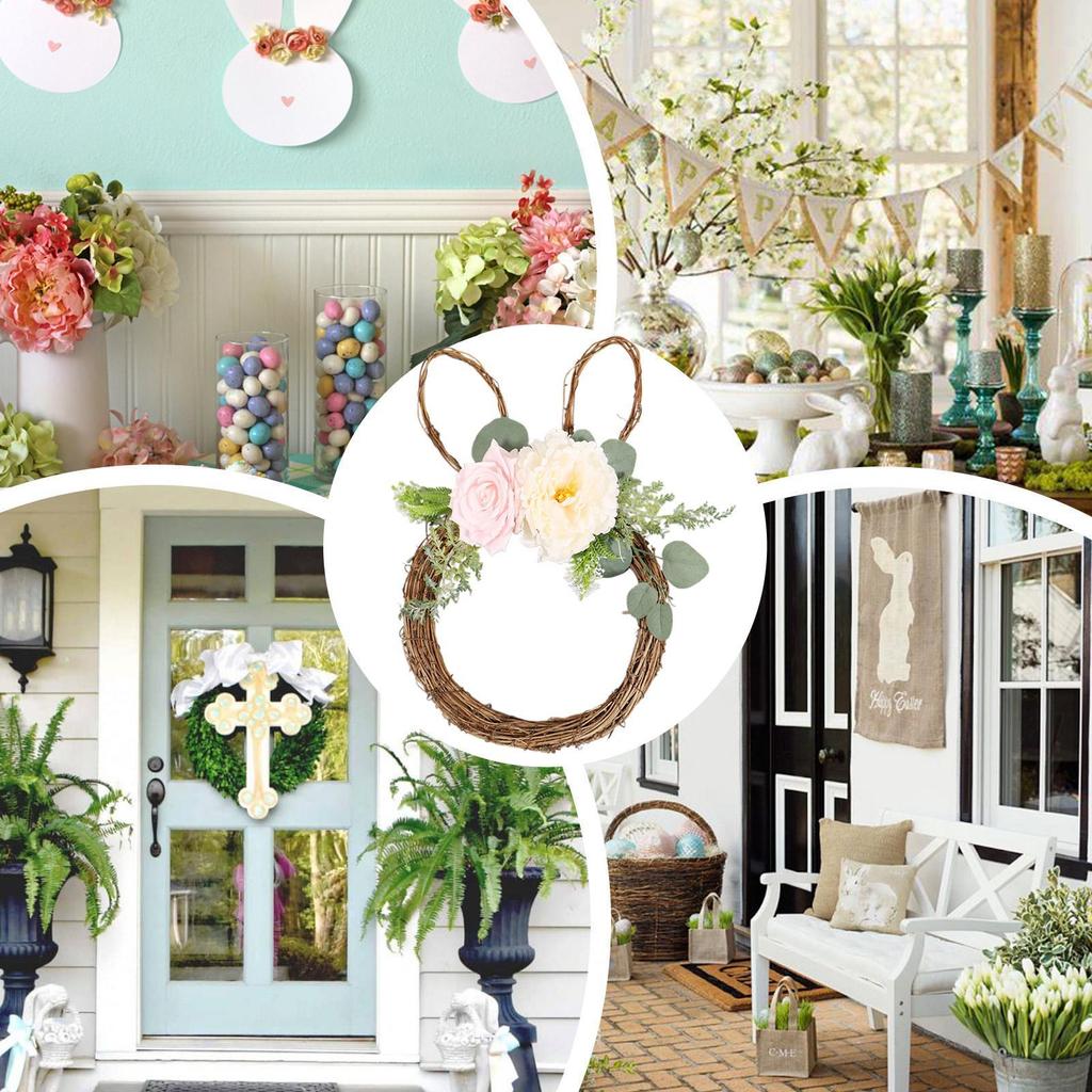 Easter Bunny Wreath Artificial Rabbit Shape Flower Ornament Easter Rabbit Wreath For Outdoor Indoor Home Window Wall Living Room