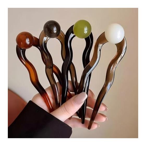 vipmofan Wavy Line Marble Translucent Acetate U Pin Set of 4 Colors Elegant Hair Bun Stick Commute Casual Cheongsam Women Hair Accessories Gift