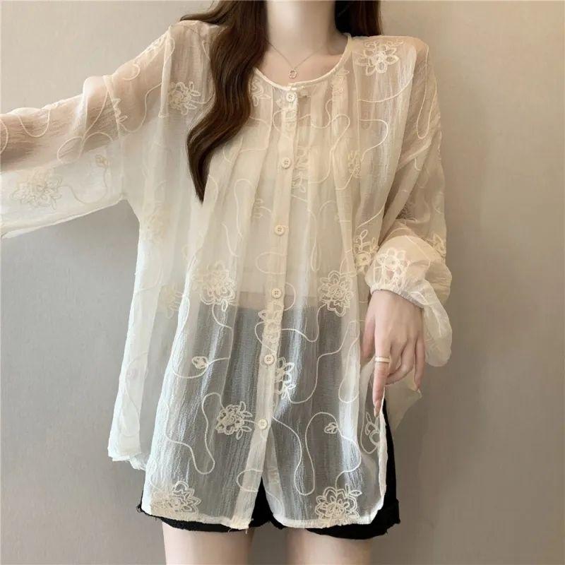 Summer High-end Jacquard Sunscreen Shirt Women's Plus Size Loose Lace Cover Shirt Top Shirt