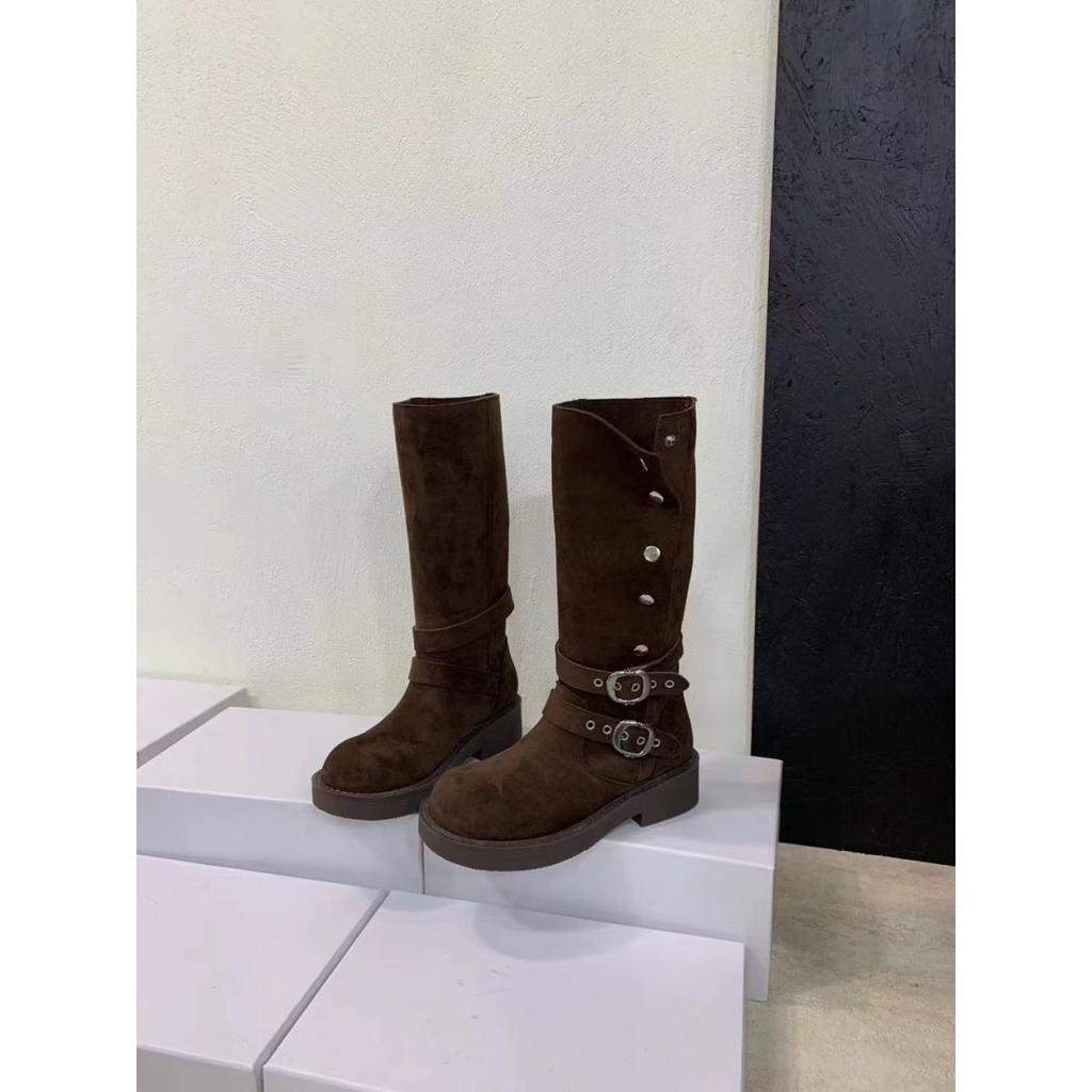 Falten zwei tragen hohe Stiefel Kinder Herbst dicker Absatz Retro absolut Kind vielseitige Schnalle mit runder Spitze Westernstiefel Ritterstiefel