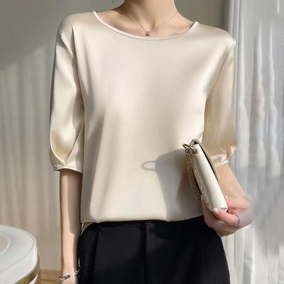 Sommer Neue Lose Kurzarm Casual Shirts Frauen Elegante Mode Rundhals Pullover Blusen Tops Frauen Einfache Feste Satin Büro Dame Hemd 26563