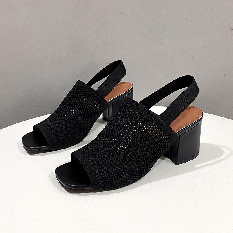 Women's High Heel Sandals Summer 2025 New Breathable Knitted Fashion Sandals Comfortable Square Toed High Heels Plus Size 35-42