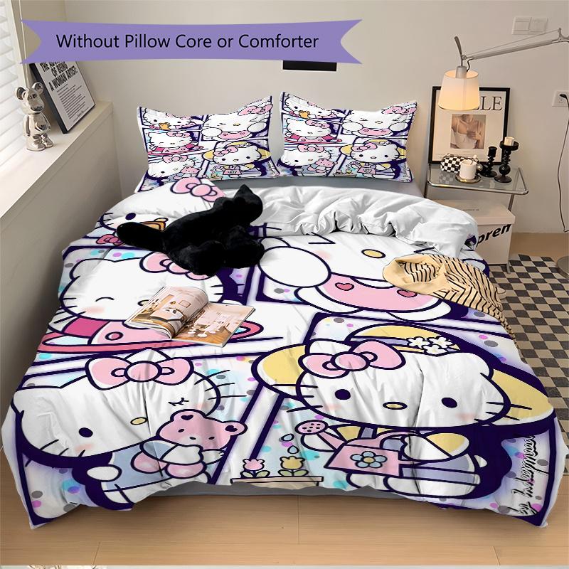 3pcs Hello Kitty's Cute Moments Bedding Set Includes Quilt Cover and Pillowcases, Suitable for All Seasons, Machine Washable Ideal Gift S043