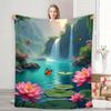 Mountain Waterfall Lotus Lake Butterfly Natural Scenery Flannel Blanket,Oriental Landscape Pond Floral Blanket for Living Room