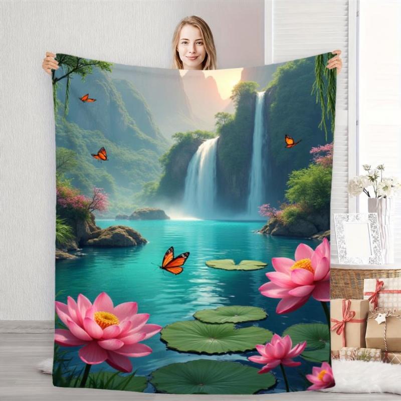 Mountain Waterfall Lotus Lake Butterfly Natural Scenery Flannel Blanket,Oriental Landscape Pond Floral Blanket for Living Room