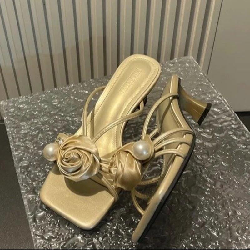 Fashion Flower Women High Heeles Slippers Fashion Elegant Shoes Sexy Summer Woman Sandals 2025 Luxury Pumps Dress New Chaussure Femme