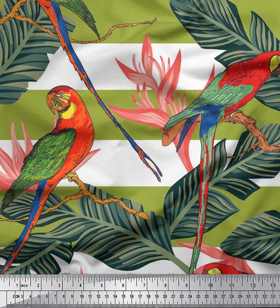 

Soimoi Orange Modal Satin Fabric Tropical Leaves|Stripe & Parrot Bird Print Тканина у дворі 42 дюйма 52 Inch Wide - Poly Georgette зелений