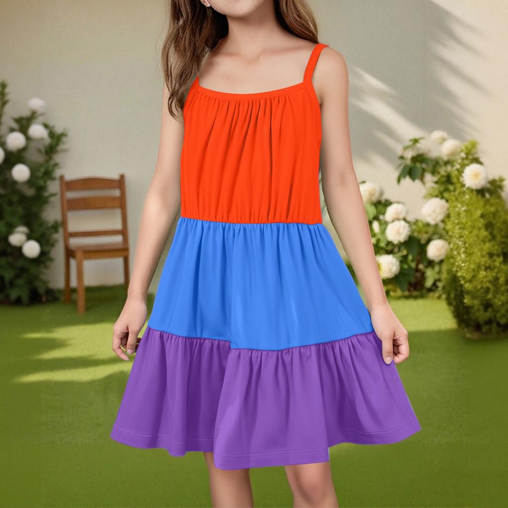 Rochie de vară casual pentru copii, cu gât rotund, culoare uni, fără mâneci