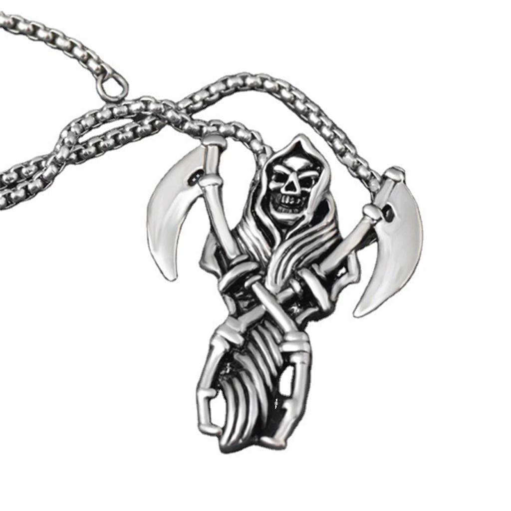 Collar Colgante de Acero Inoxidable de Santa Muerte con Dos Guadañas Hacha Nuestra Señora de la Santa Muerte Calavera Mexicana de la Parca Joyería