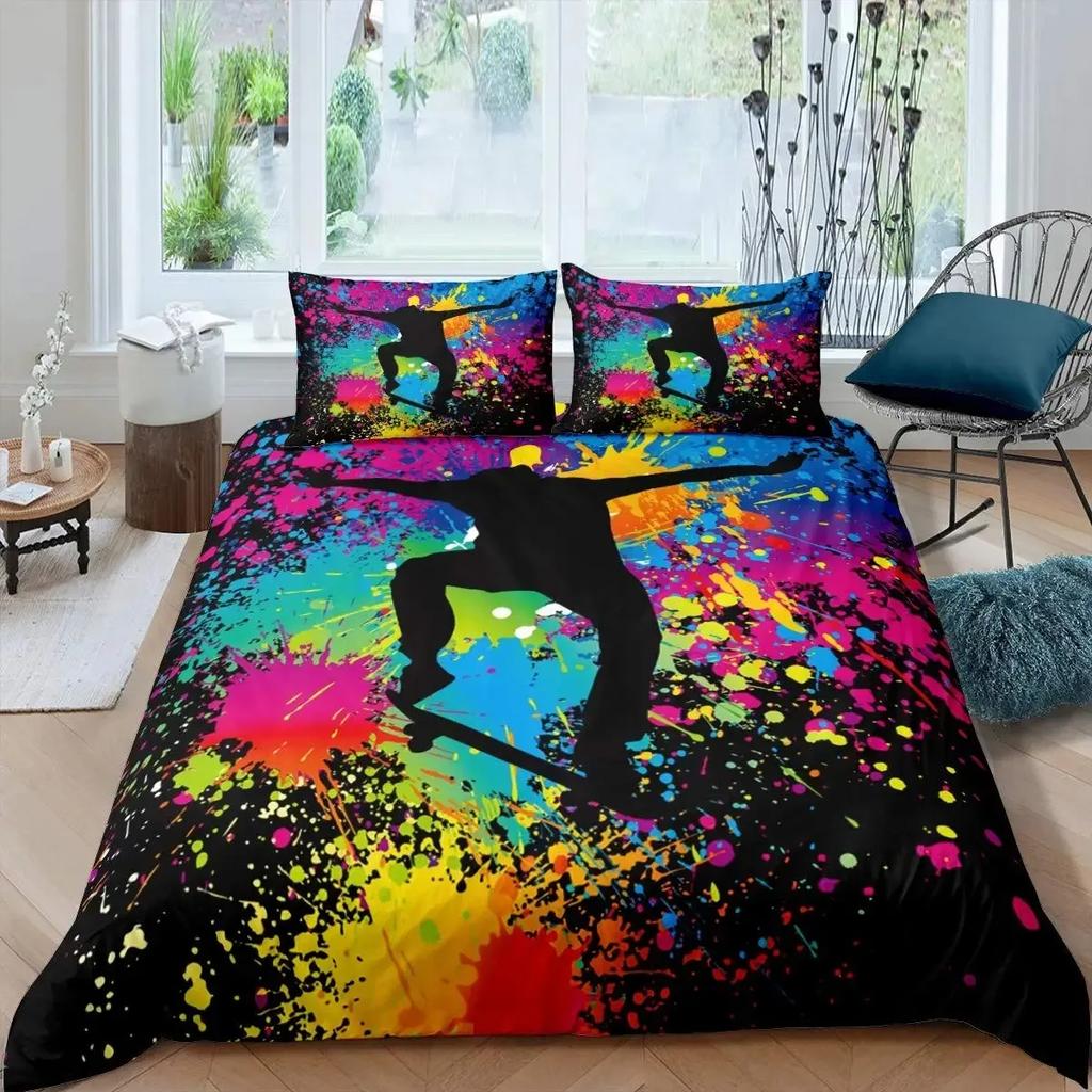 Skateboard Duvet Cover Set Full Size For Boys Teens Extreme Sports Bedding Set Youth Comforter Cover Graffiti Style Duvet Cover