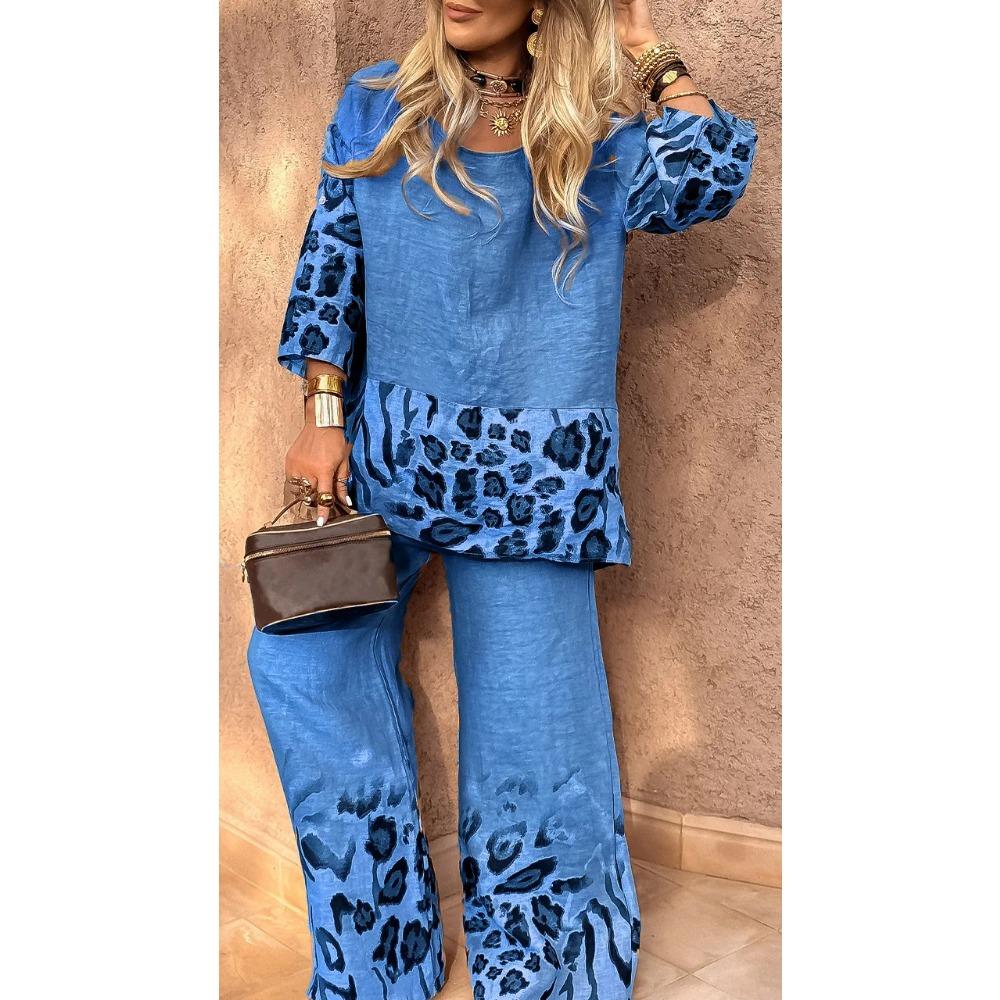 

Женский летний новый топ с принтом, со средним рукавом, брюки с высокой талией, комплект с леопардовым принтом XXXL синий