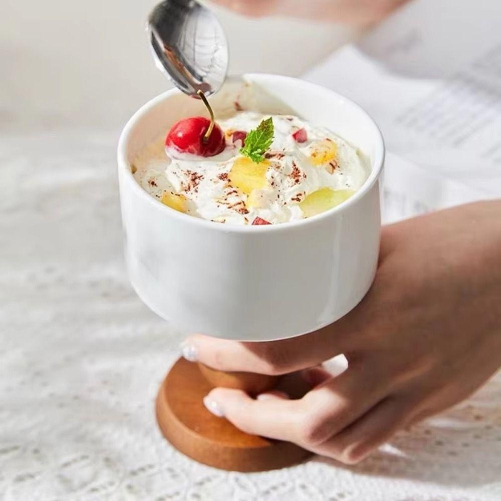 2Pcs Delicate Wood Dessert Bowls Retro Tall Candlestick Stand Vintage Ceramic Goblets  Restaurant