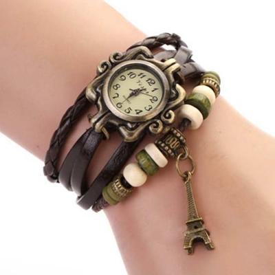 Armbanduhr im Vintage-Stil mit Eiffelturm-Motiv, mehrschichtig, geflochtenes Kunstlederarmband