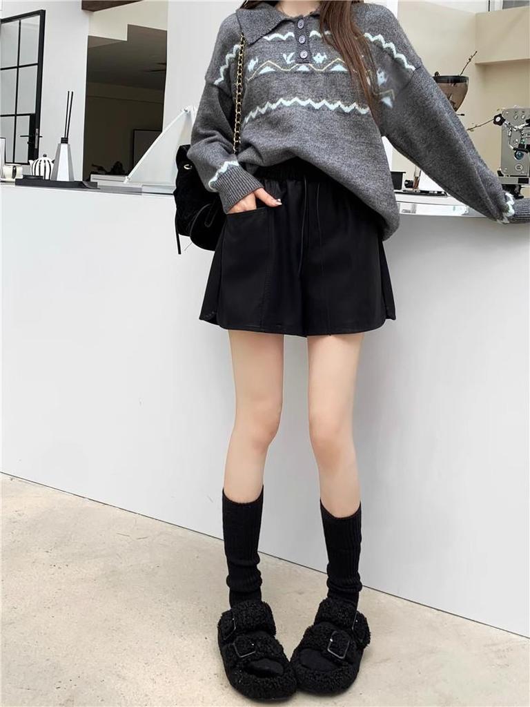 Women's High-Waisted PU Leather Shorts: Autumn 2024 A-Line Wide-Leg Elastic Boot Pants.