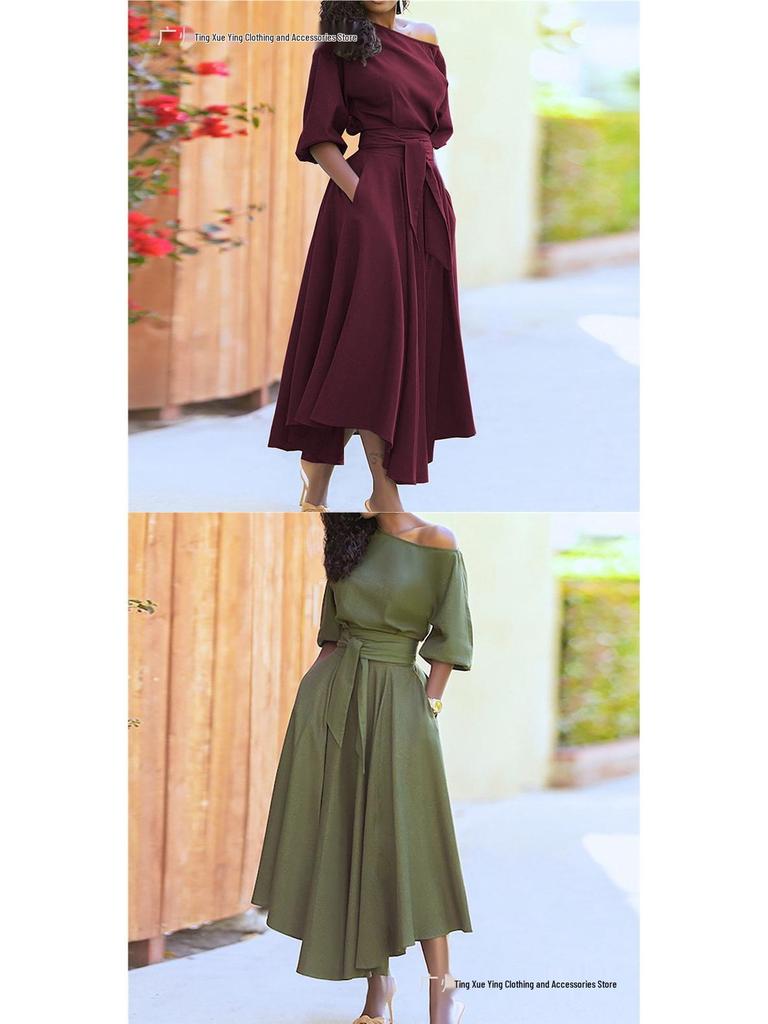 Spring Women's Elegant One-Shoulder Dress with Cinched Waist