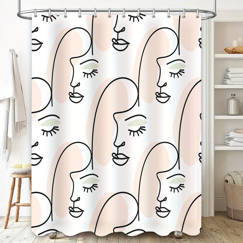 Minimalist Face Shower Curtain Modern Bathroom Decor Set with 12 Hooks for Home Bathing Decoration Peach Pink White