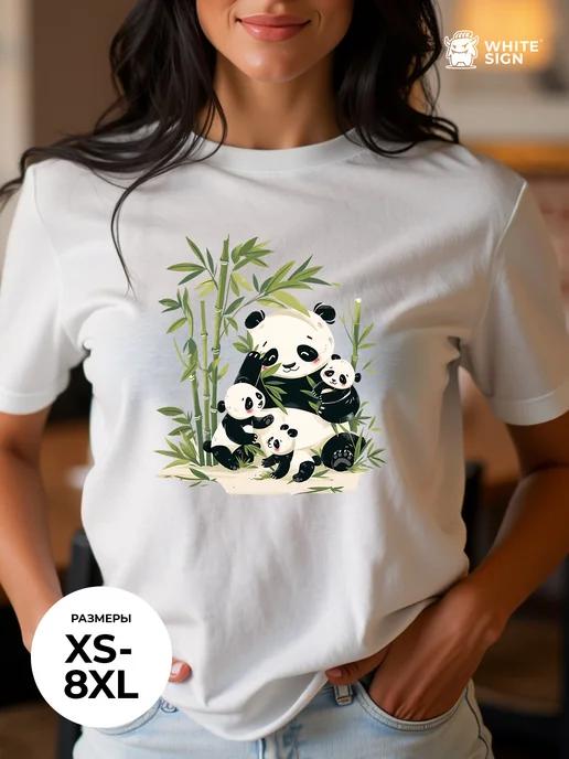 Classic cotton summer T-shirt with Panda Family print 2XL