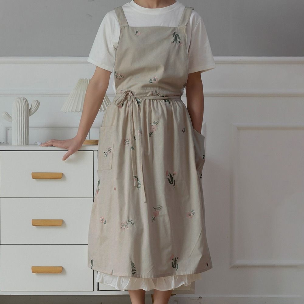 Embroidered Kitchen Cooking Apron X-Back Household Work Apron  Restaurant Use
