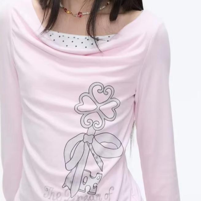 Y2k Aesthetic Fake Two Pieces T-shirt Harajuku Polka Dot Patchwork Casual Tops Women Printing Grunge Slim Fit Tshirts
