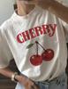 Cherry Print Women T-Shirt O-Neck Tops Tees Floral Graphic Short Sleeve Female Casual Streetwe