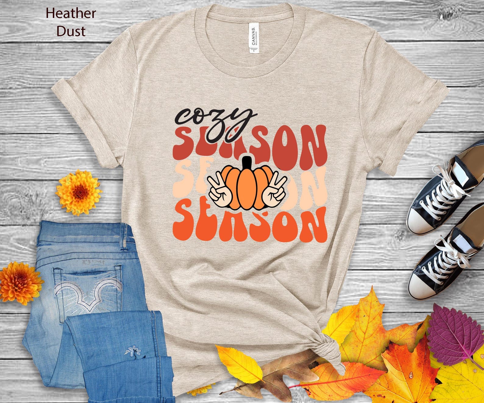 Cozy Season T-Shirt | Pumpkin Peace Sign Fall Tee 2XL