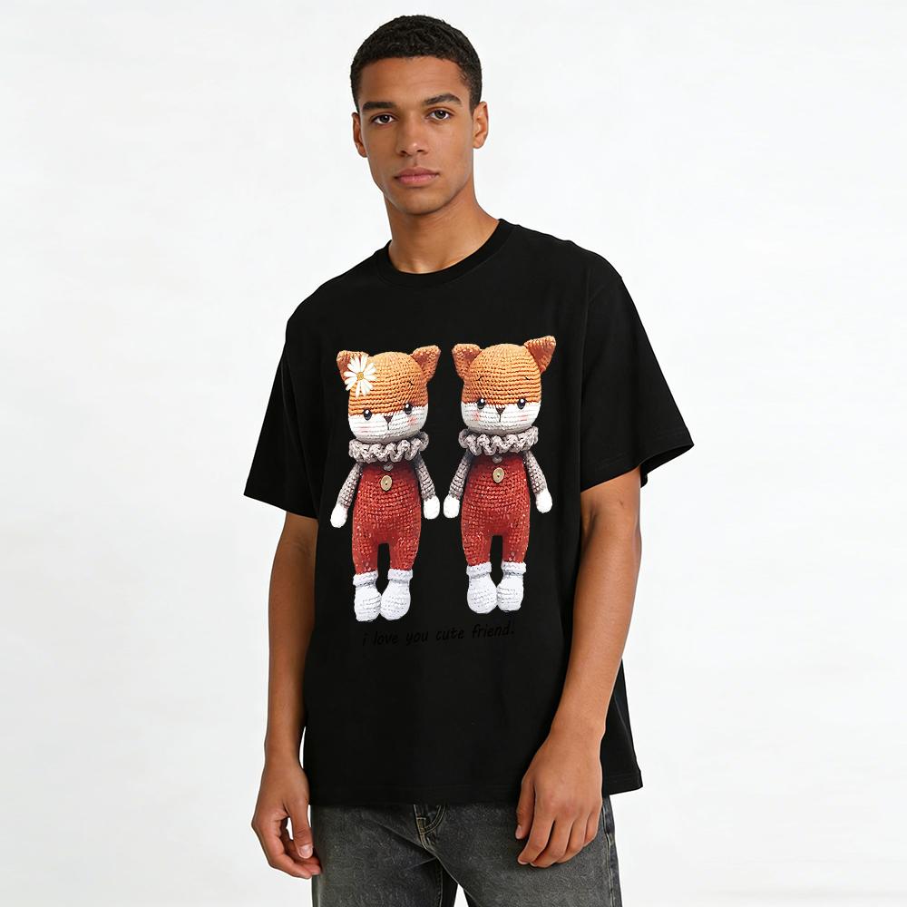 Cute Crochet Cat Print Tops Casual Crewneck Shirts For Kids Adults Best Friend Gift Animal Pattern Tees Pure cotton T-shirt