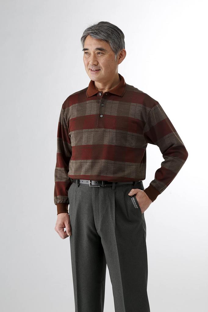 Wollmischungspolo M inländisch lang mit für M Bordeaux [Little Island] in Japan gefertigtes Hemd, Größe, Herren, hergestellt, Jacquard, Wolle, Ärmel, Kragen,