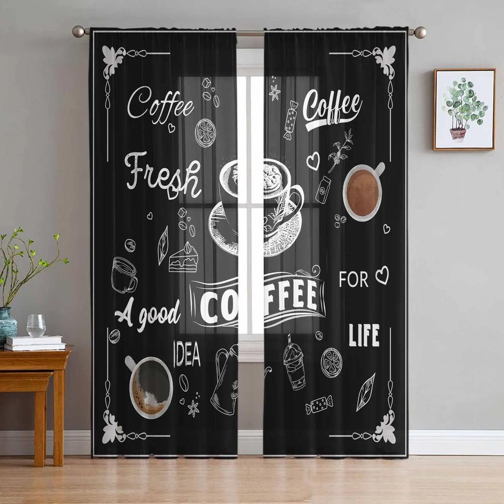 Coffee Coffee Beans Coffee Cup Sheer Curtains for Living Room Decoration Window Curtain Kitchen Tulle Voile Organza Drapes