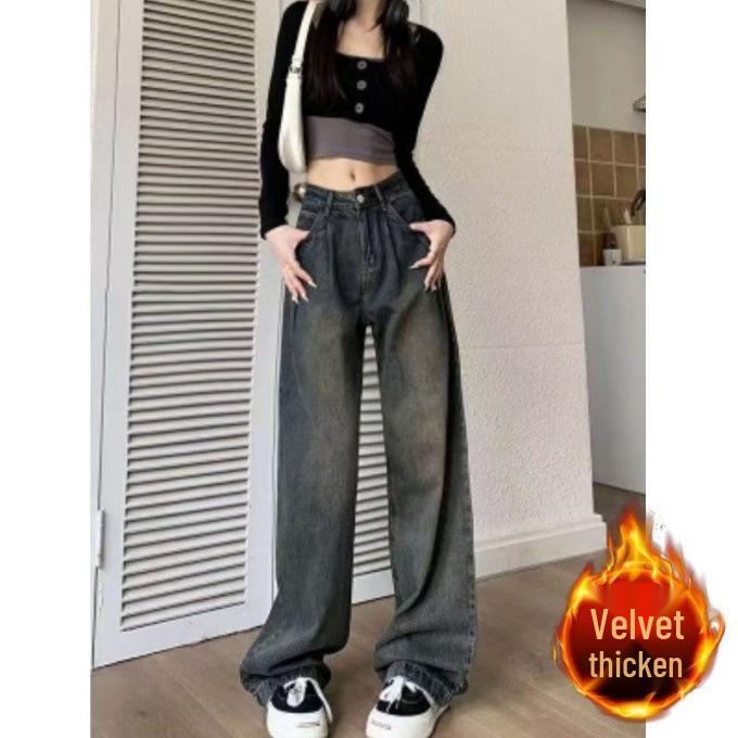 

Plus Size Retro American High Street Winter Velvet Thickened Jeans for Women S