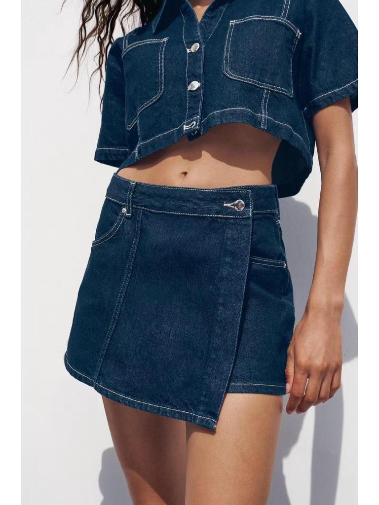 Women's Summer V-Neck Short Sleeve Top & High-Waisted Denim Two-Piece Set