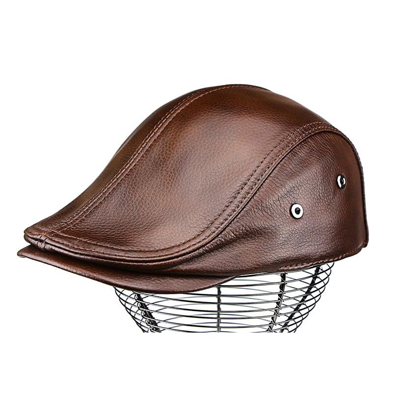 Men's Beret Leather Duck Tongue Cap Thin Section Head Layer Cowhide Beret Forward Hat Short Brim Warm Breathable Adjustable