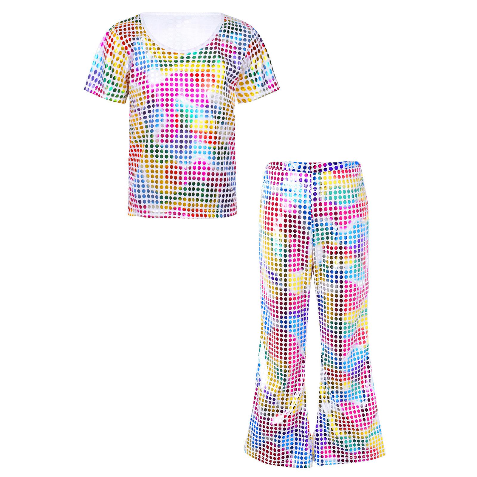 

Kids Boys Girls Sequined T-Shirt Elastic Waist Flared Pants Stage Performance Glitter Outfit 7-8 Years