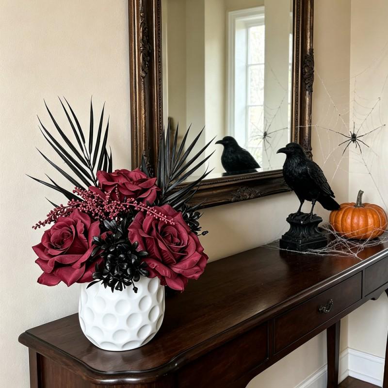 Gothic Halloween Artificial Rose Bonsai With Sword Leaves Dark Decorative Fake Flower Arrangement Home Office Cemetery Theme