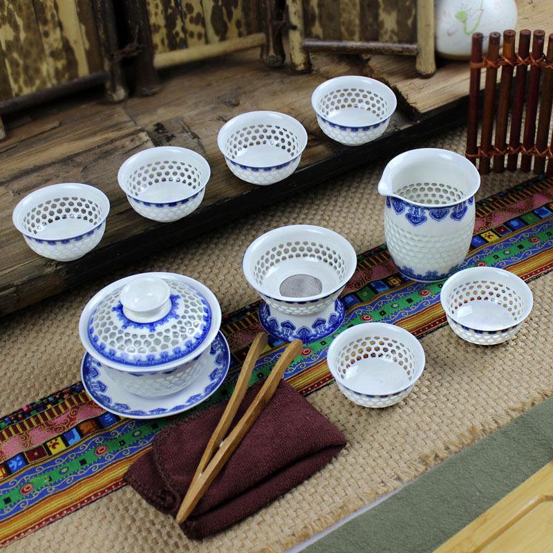 Exquisite 10-Piece Honeycomb Ceramic Kung Fu Tea Set with Teapot, Gaiwan, and Cups In a Gift Box.